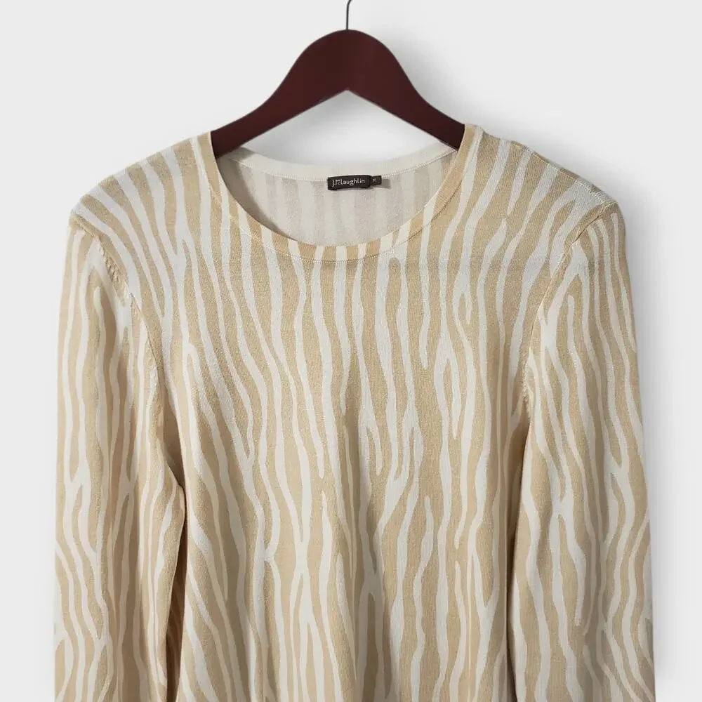J. Mclaughlin Modal Stretch Zebra‎ Print Sweater Lightweight Tan Cream Medium